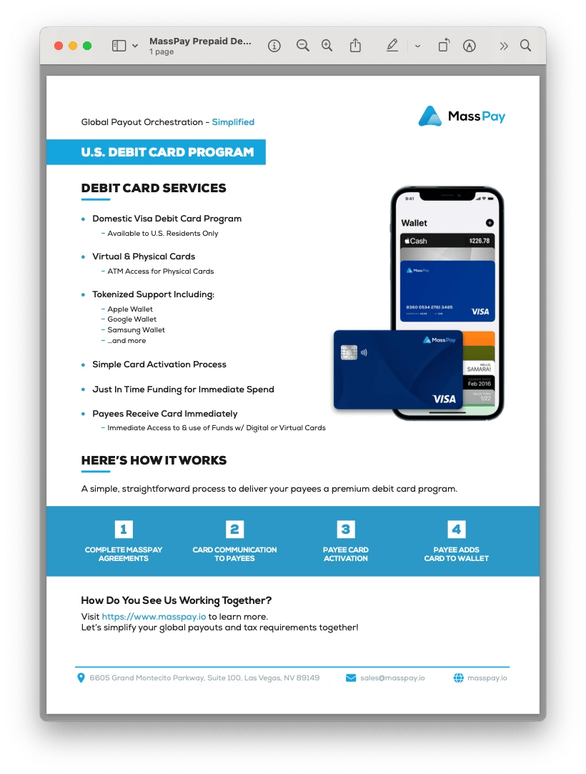 MassPay Debit Card Program Data Sheet Screenshot