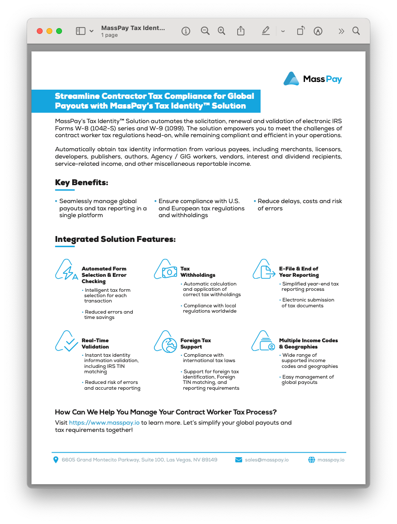 MassPay Tax Identity Service Data Sheet Screenshot